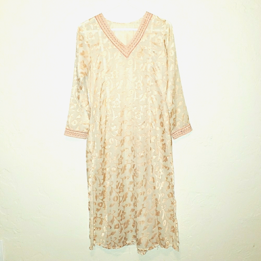 Vintage Sheer Floral Boho Caftan Dress Coverup S M